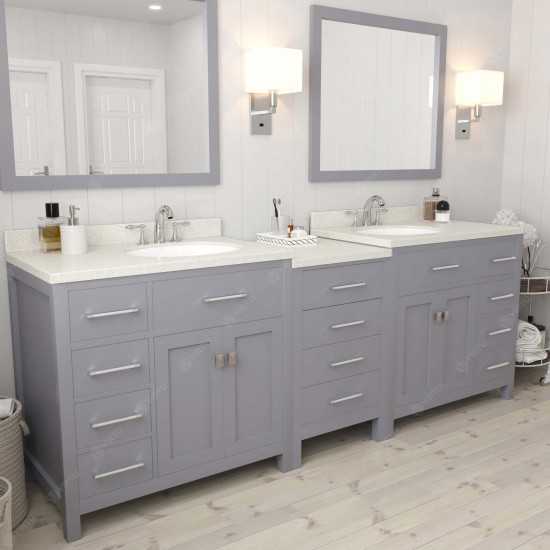 Caroline Parkway 93" Double Bath Vanity in Gray with White Quartz Top and Round Sinks with Brushed Nickel Faucets and Mirror