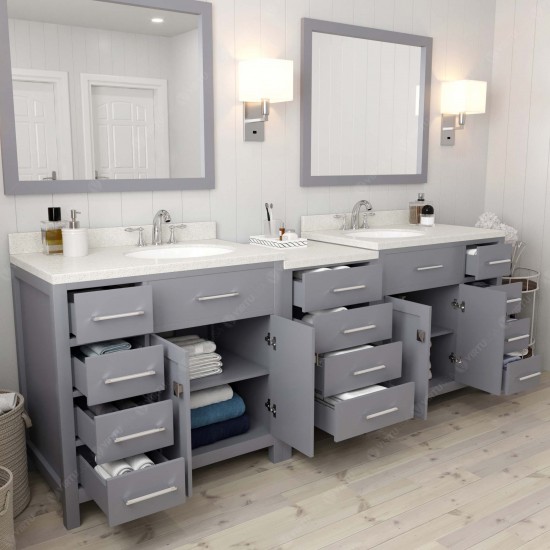 Caroline Parkway 93" Double Bath Vanity in Gray with White Quartz Top and Round Sinks with Brushed Nickel Faucets and Mirror