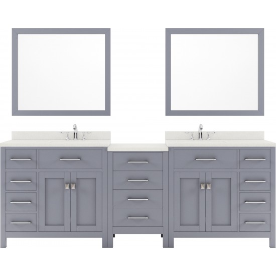 Caroline Parkway 93" Double Bath Vanity in Gray with White Quartz Top and Round Sinks with Polished Chrome Faucets and Mirror