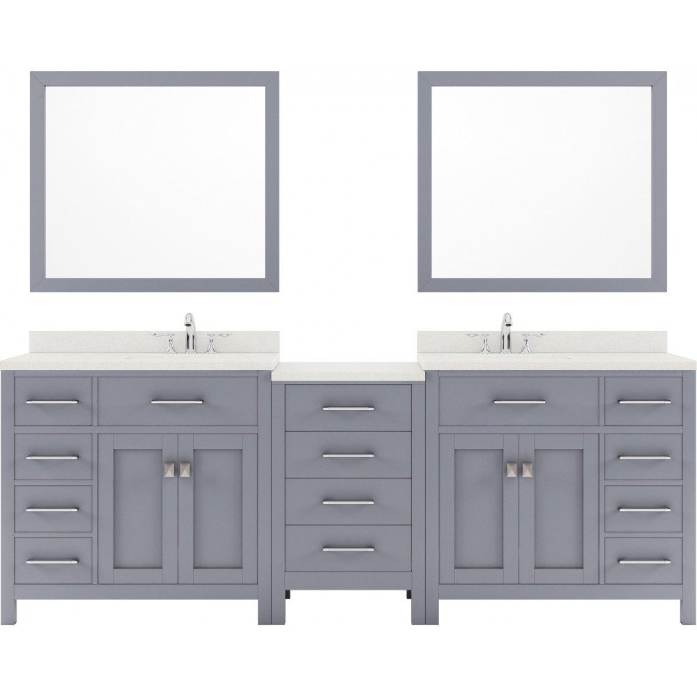 Caroline Parkway 93" Double Bath Vanity in Gray with White Quartz Top and Round Sinks with Polished Chrome Faucets and Mirror