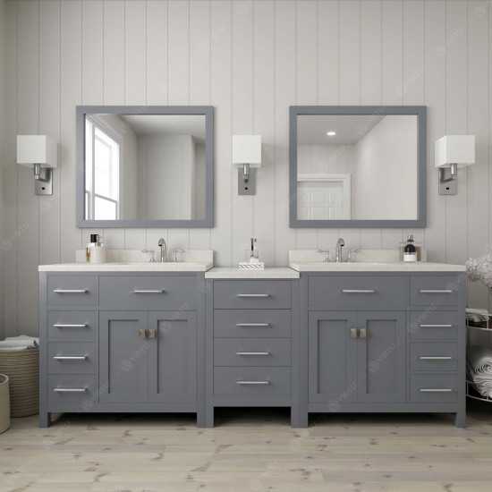 Caroline Parkway 93" Double Bath Vanity in Gray with White Quartz Top and Round Sinks with Polished Chrome Faucets and Mirror