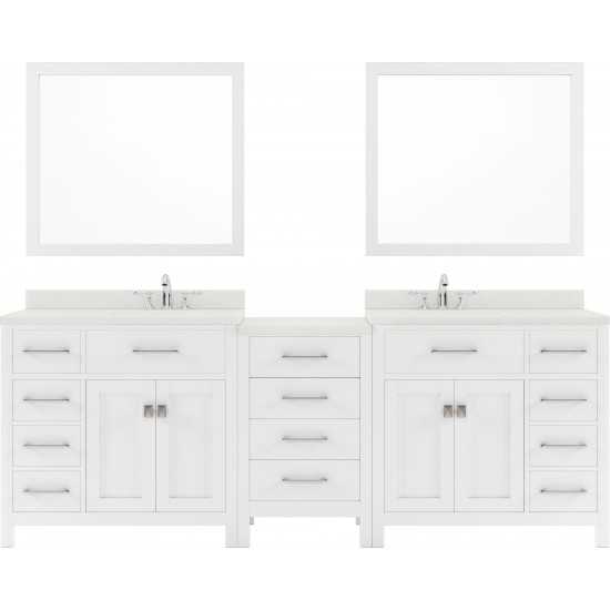 Caroline Parkway 93" Double Bath Vanity in White with White Quartz Top and Round Sinks and Matching Mirror