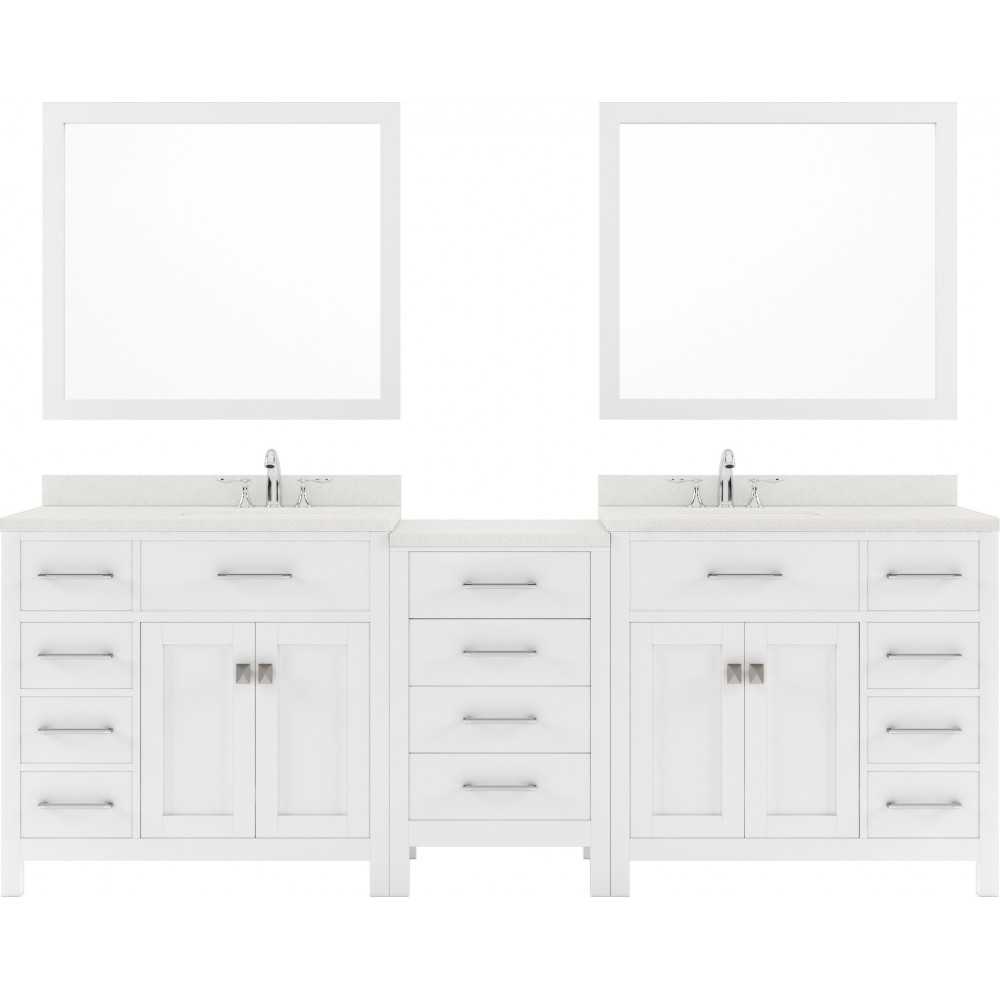 Caroline Parkway 93" Double Bath Vanity in White with White Quartz Top and Round Sinks and Matching Mirror