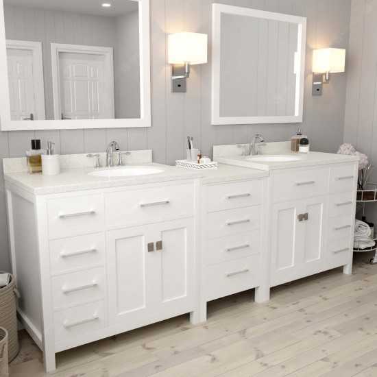 Caroline Parkway 93" Double Bath Vanity in White with White Quartz Top and Round Sinks and Matching Mirror