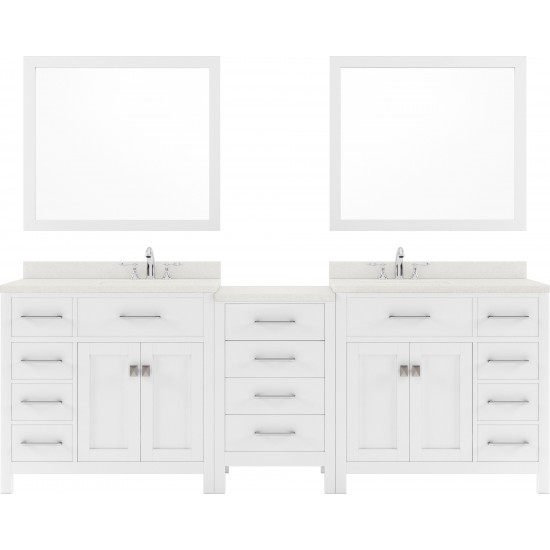 Caroline Parkway 93" Double Bath Vanity in White with White Quartz Top and Round Sinks with Polished Chrome Faucets and Mirro