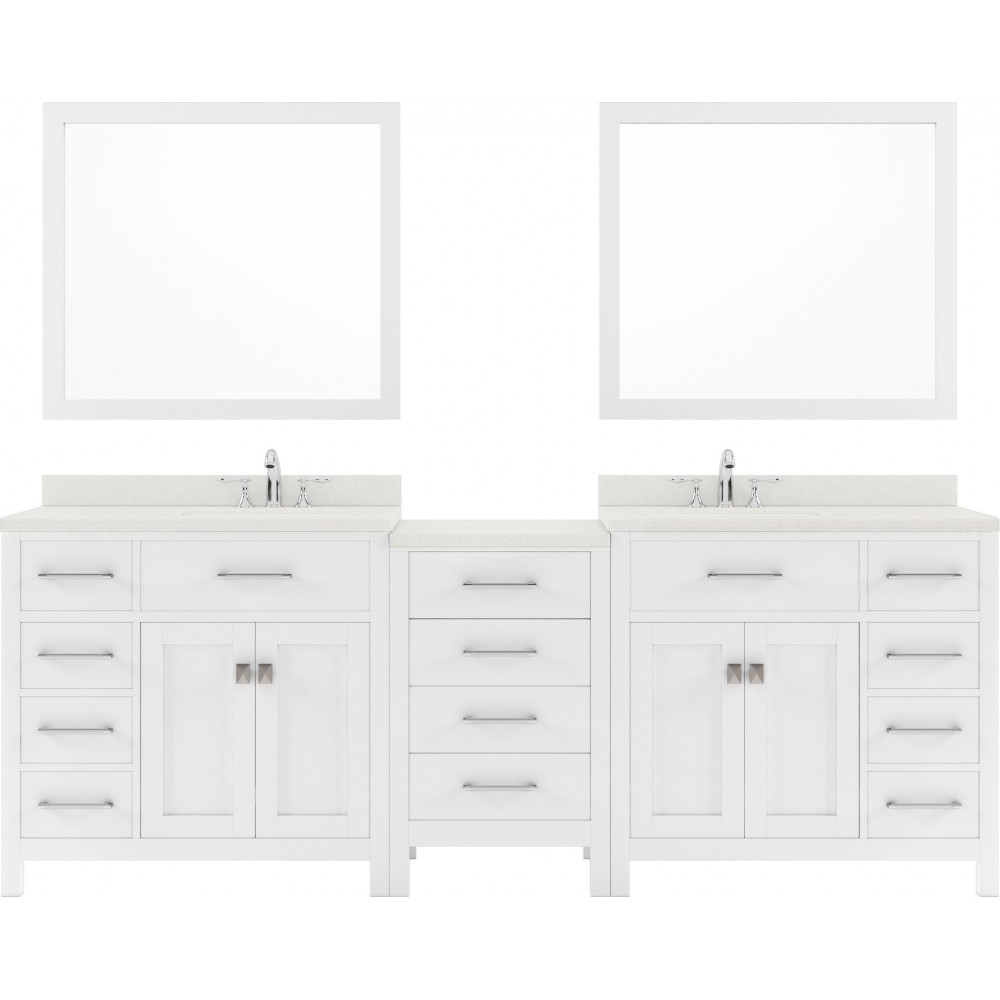Caroline Parkway 93" Double Bath Vanity in White with White Quartz Top and Round Sinks with Polished Chrome Faucets and Mirro