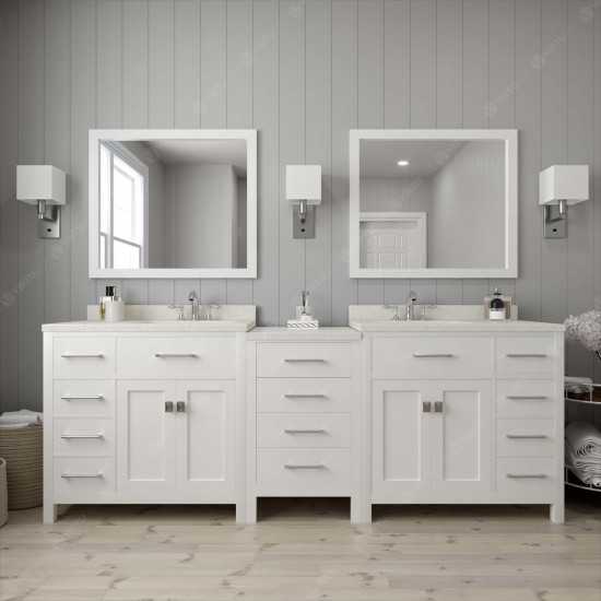 Caroline Parkway 93" Double Bath Vanity in White with White Quartz Top and Round Sinks with Polished Chrome Faucets and Mirro