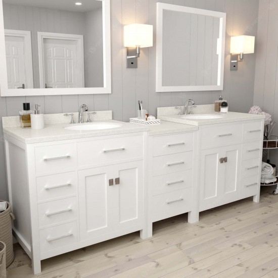Caroline Parkway 93" Double Bath Vanity in White with White Quartz Top and Round Sinks with Polished Chrome Faucets and Mirro