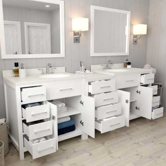Caroline Parkway 93" Double Bath Vanity in White with White Quartz Top and Round Sinks with Polished Chrome Faucets and Mirro