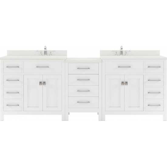 Caroline Parkway 93" Double Bath Vanity in White with White Quartz Top and Round Sinks