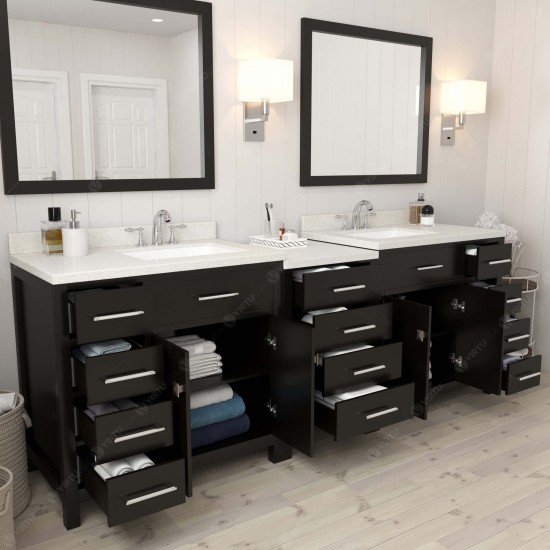 Caroline Parkway 93" Double Vanity in Espresso with White Quartz Top and Square Sinks with Brushed Nickel Faucets and Mirror