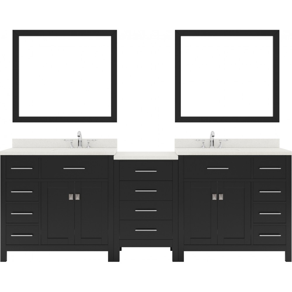 Caroline Parkway 93" Double Vanity in Espresso with White Quartz Top and Square Sinks with Polished Chrome Faucets and Mirror