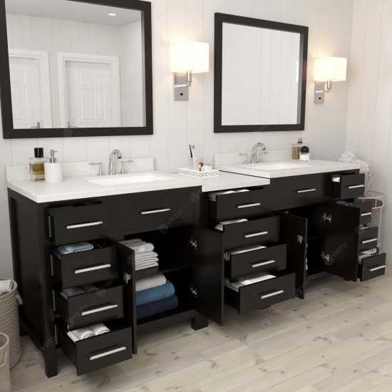 Caroline Parkway 93" Double Vanity in Espresso with White Quartz Top and Square Sinks with Polished Chrome Faucets and Mirror