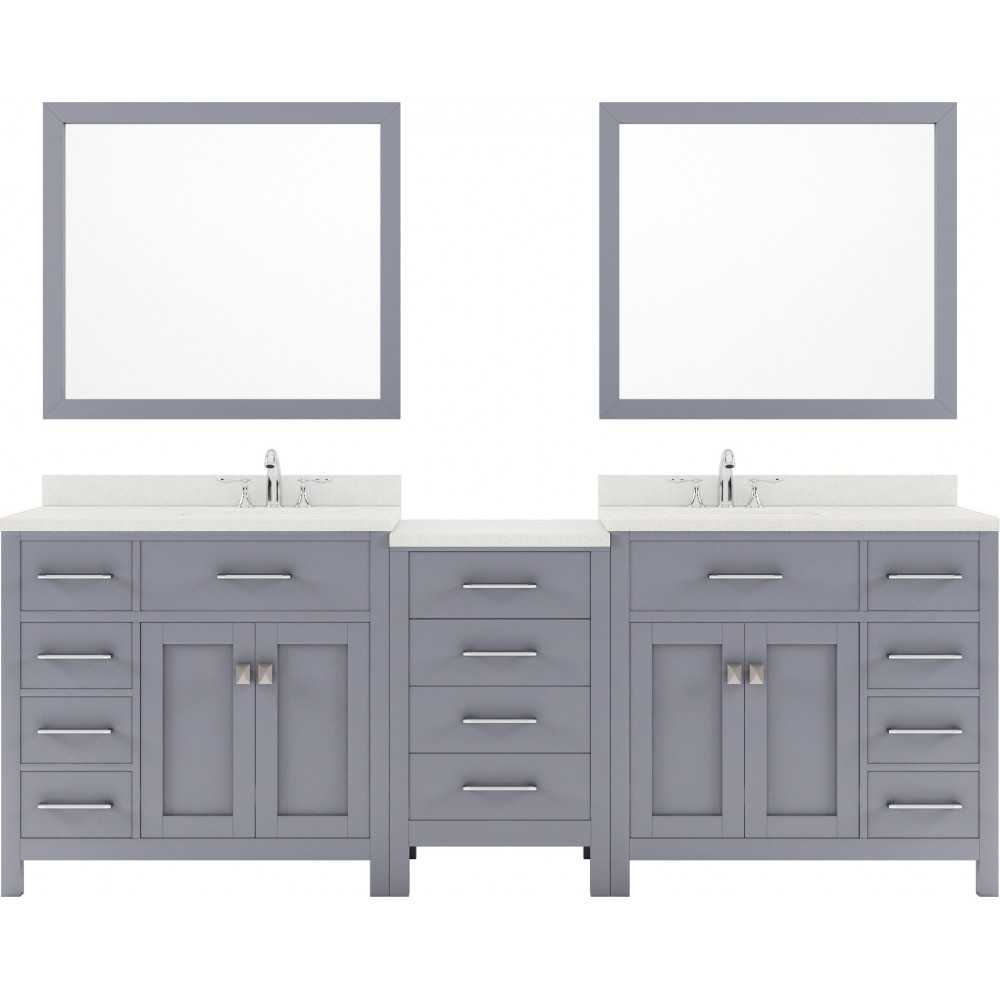 Caroline Parkway 93" Double Bath Vanity in Gray with White Quartz Top and Square Sinks and Matching Mirror