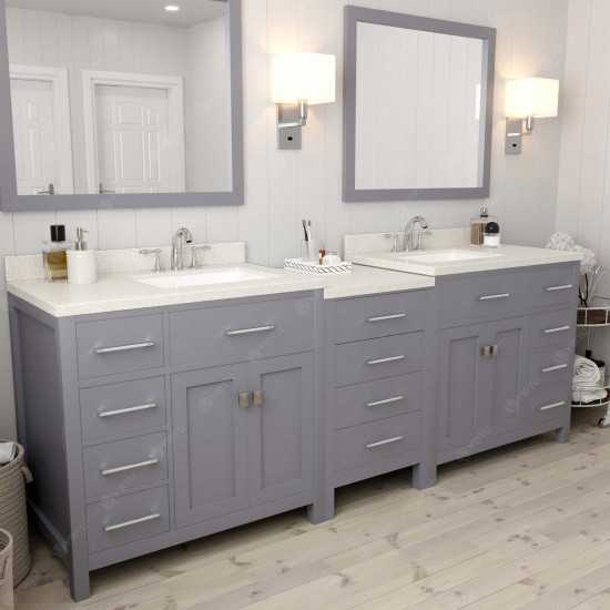 Caroline Parkway 93" Double Bath Vanity in Gray with White Quartz Top and Square Sinks with Brushed Nickel Faucets and Mirror