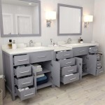 Caroline Parkway 93" Double Bath Vanity in Gray with White Quartz Top and Square Sinks with Brushed Nickel Faucets and Mirror