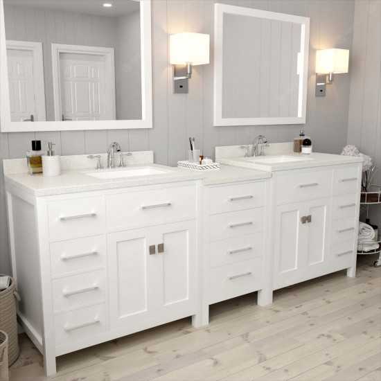 Caroline Parkway 93" Double Bath Vanity in White with White Quartz Top and Square Sinks and Matching Mirror