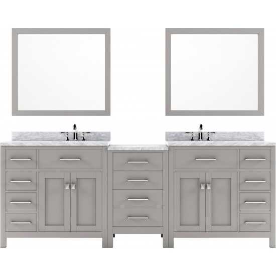 Caroline Parkway 93" Double Bath Vanity in Cashmere Gray with White Marble Top and Round Sinks and Matching Mirror