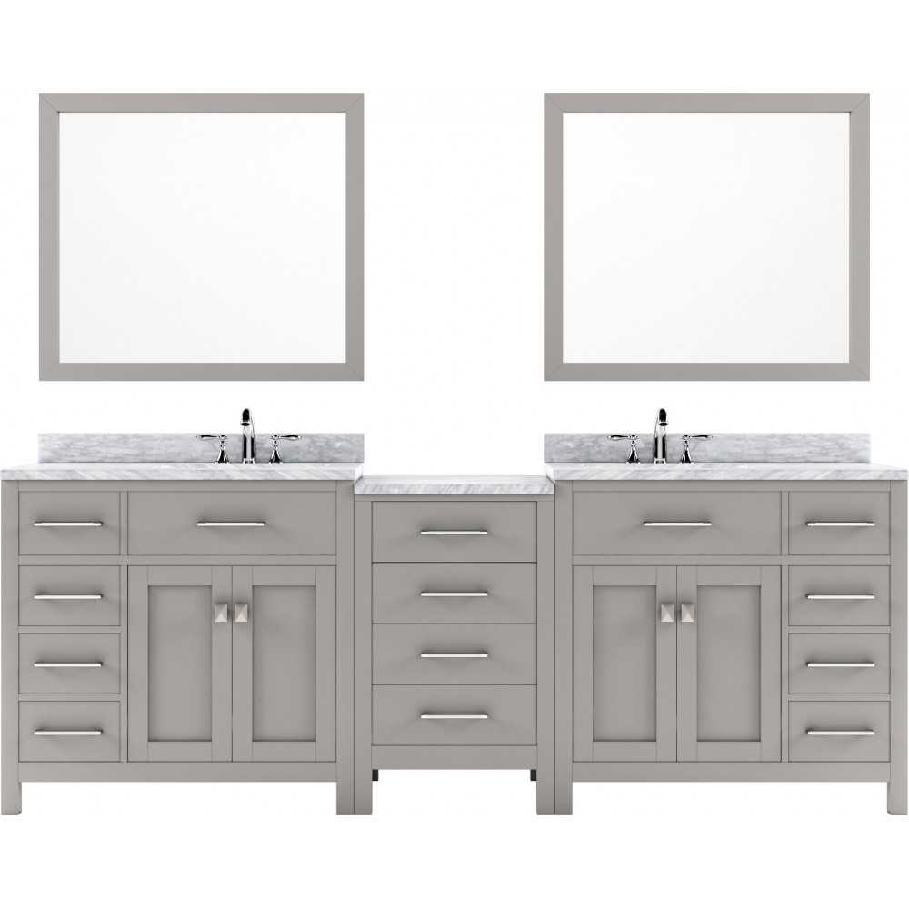 Caroline Parkway 93" Double Bath Vanity in Cashmere Gray with White Marble Top and Round Sinks and Matching Mirror