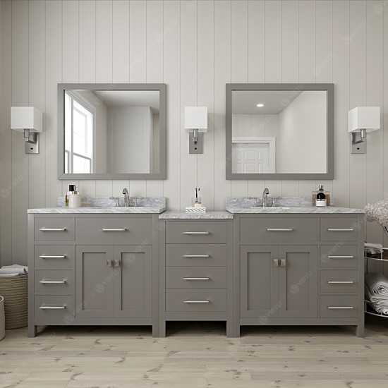 Caroline Parkway 93" Double Bath Vanity in Cashmere Gray with White Marble Top and Round Sinks and Matching Mirror