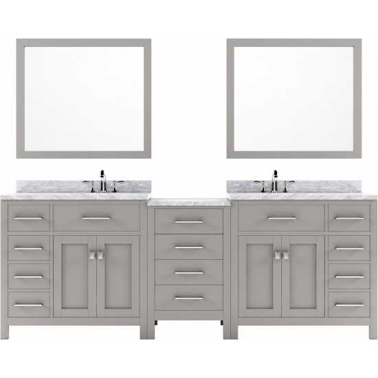 Caroline Parkway 93" Double Vanity in Cashmere Gray with White Marble Top and Round Sinks with Brushed Nickel Faucets and Mir