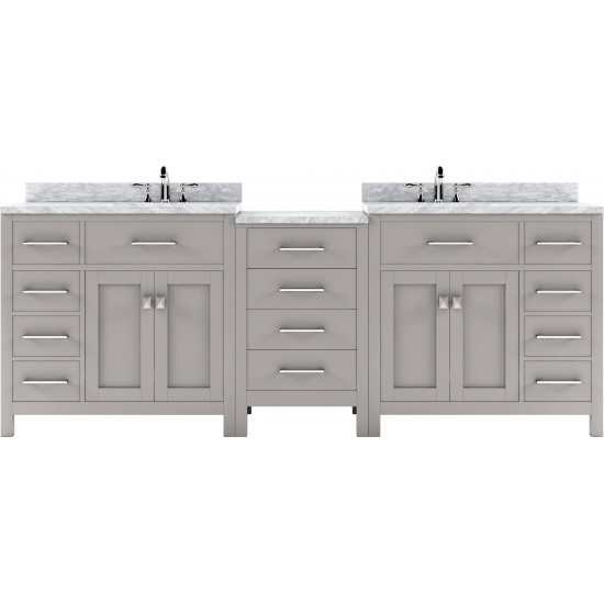 Caroline Parkway 93" Double Bath Vanity in Cashmere Gray with White Marble Top and Round Sinks with Brushed Nickel Faucets