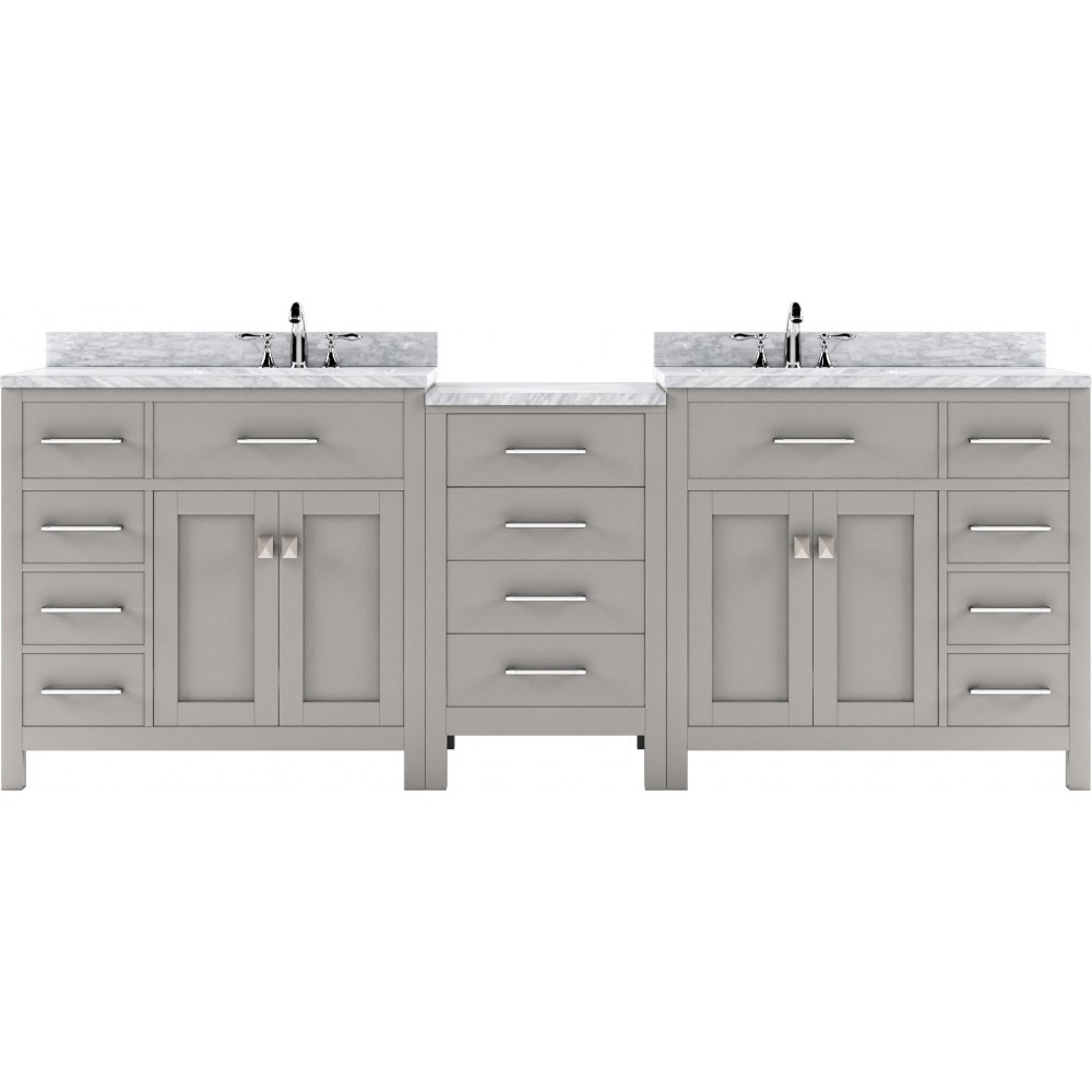 Caroline Parkway 93" Double Bath Vanity in Cashmere Gray with White Marble Top and Round Sinks with Brushed Nickel Faucets