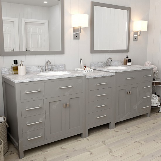 Caroline Parkway 93" Double Vanity in Cashmere Gray with White Marble Top, Round Sinks with Polished Chrome Faucets, Mirror