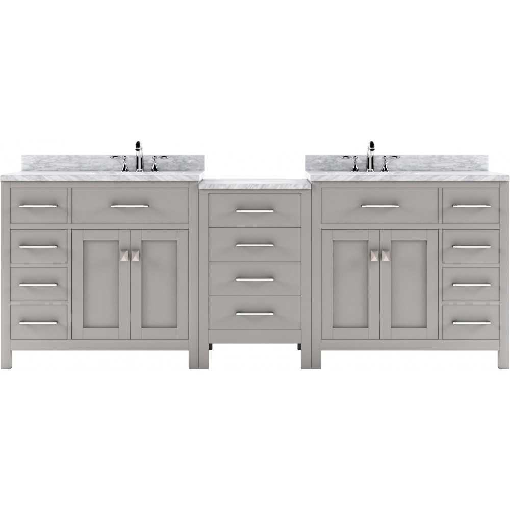 Caroline Parkway 93" Double Bath Vanity in Cashmere Gray with White Marble Top and Round Sinks