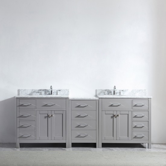 Caroline Parkway 93" Double Bath Vanity in Cashmere Gray with White Marble Top and Round Sinks