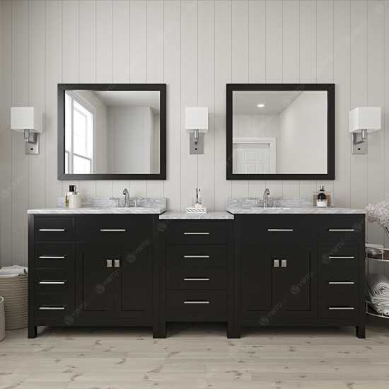 Caroline Parkway 93" Double Bath Vanity in Espresso with White Marble Top and Round Sinks and Matching Mirror