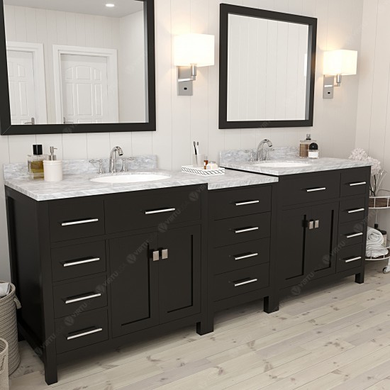 Caroline Parkway 93" Double Bath Vanity in Espresso with White Marble Top and Round Sinks and Matching Mirror