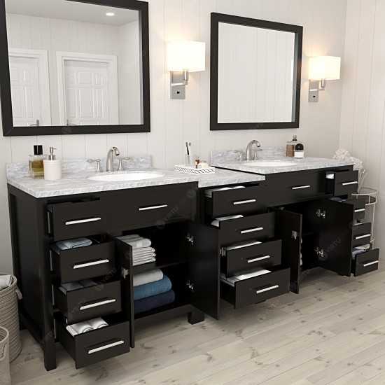 Caroline Parkway 93" Double Bath Vanity in Espresso with White Marble Top and Round Sinks with Brushed Nickel Faucets and Mir