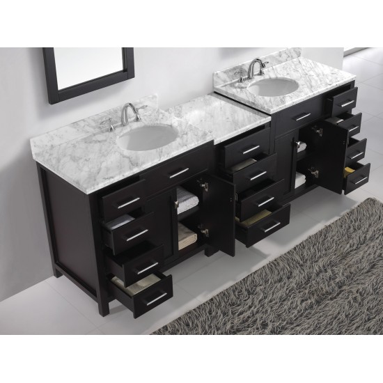 Caroline Parkway 93" Double Bath Vanity in Espresso with White Marble Top and Round Sinks with Brushed Nickel Faucets and Mir