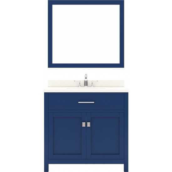 Caroline 36" Single Bath Vanity in French Blue with White Quartz Top and Round Sink and Matching Mirror