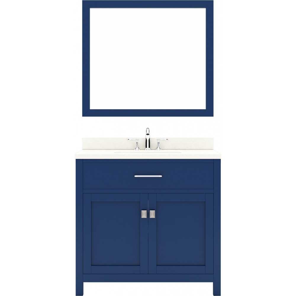 Caroline 36" Single Bath Vanity in French Blue with White Quartz Top and Round Sink and Matching Mirror