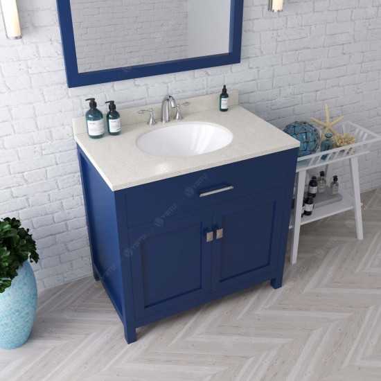 Caroline 36" Single Bath Vanity in French Blue with White Quartz Top and Round Sink and Matching Mirror