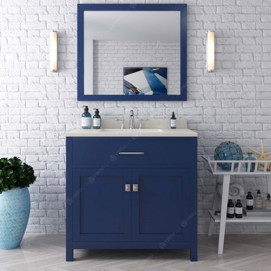 Caroline 36" Single Bath Vanity in French Blue with White Quartz Top and Round Sink with Brushed Nickel Faucet and Mirror