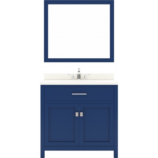 Caroline 36" Single Bath Vanity in French Blue with White Quartz Top and Round Sink with Polished Chrome Faucet and Mirror