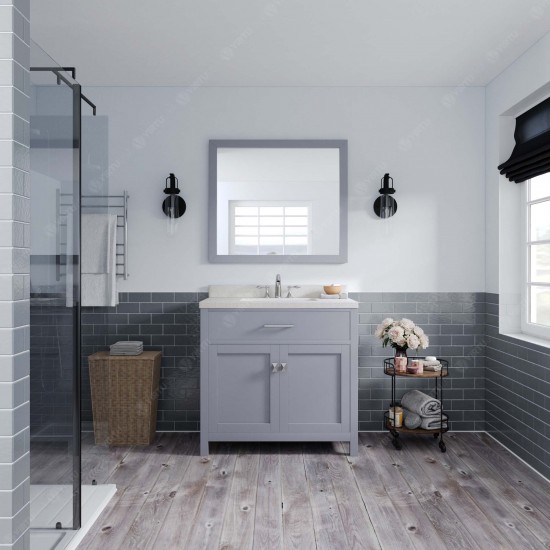 Caroline 36" Single Bath Vanity in Gray with White Quartz Top and Round Sink and Matching Mirror