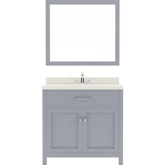 Caroline 36" Single Bath Vanity in Gray with White Quartz Top and Round Sink with Polished Chrome Faucet and Matching Mirror