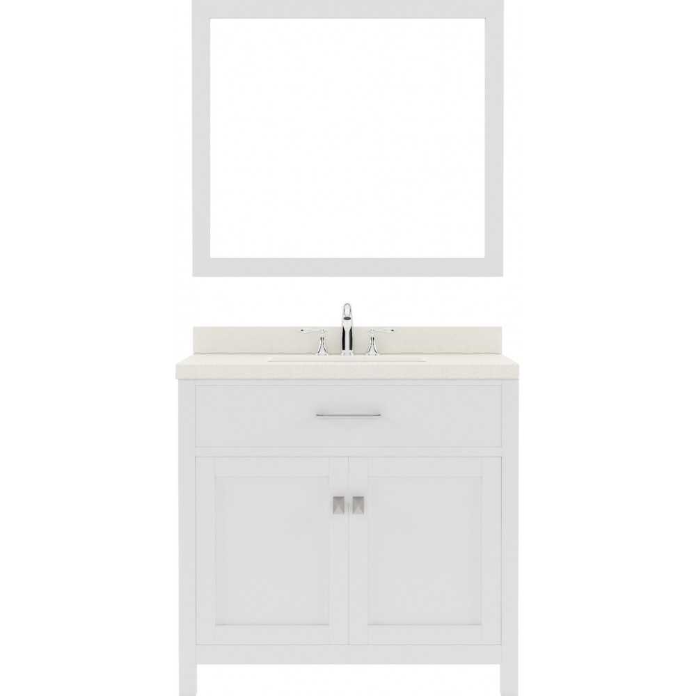 Caroline 36" Single Bath Vanity in White with White Quartz Top and Round Sink and Matching Mirror