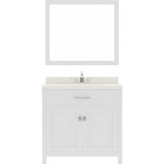 Caroline 36" Single Bath Vanity in White with White Quartz Top and Round Sink with Brushed Nickel Faucet and Matching Mirror