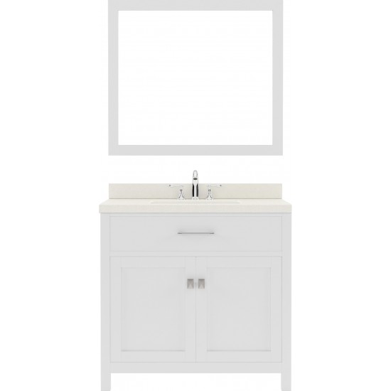 Caroline 36" Single Bath Vanity in White with White Quartz Top and Round Sink with Polished Chrome Faucet and Matching Mirror