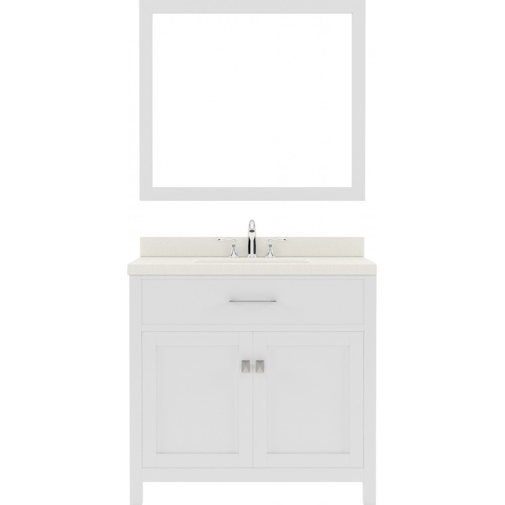 Caroline 36" Single Bath Vanity in White with White Quartz Top and Round Sink with Polished Chrome Faucet and Matching Mirror