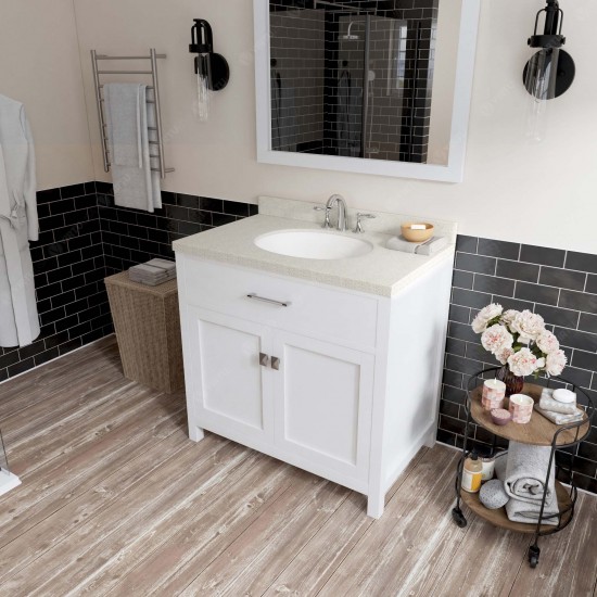 Caroline 36" Single Bath Vanity in White with White Quartz Top and Round Sink with Polished Chrome Faucet and Matching Mirror