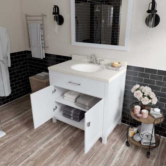 Caroline 36" Single Bath Vanity in White with White Quartz Top and Round Sink with Polished Chrome Faucet and Matching Mirror