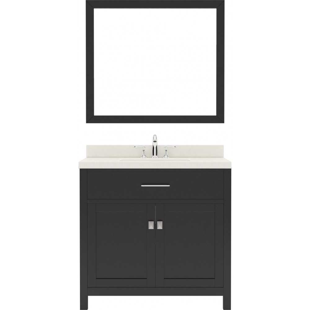 Caroline 36" Single Bath Vanity in Espresso with White Quartz Top and Square Sink with Brushed Nickel Faucet and Matching Mir