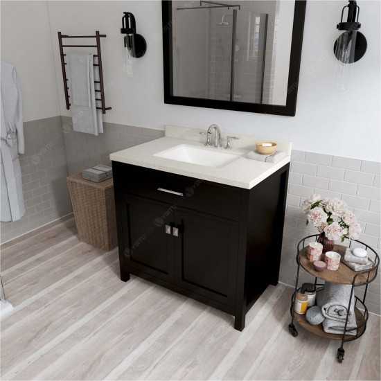 Caroline 36" Single Bath Vanity in Espresso with White Quartz Top and Square Sink with Brushed Nickel Faucet and Matching Mir