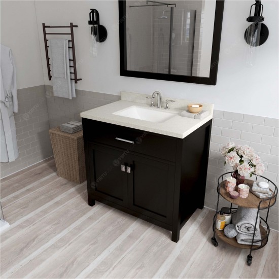 Caroline 36" Single Bath Vanity in Espresso with White Quartz Top and Square Sink with Polished Chrome Faucet and Mirror